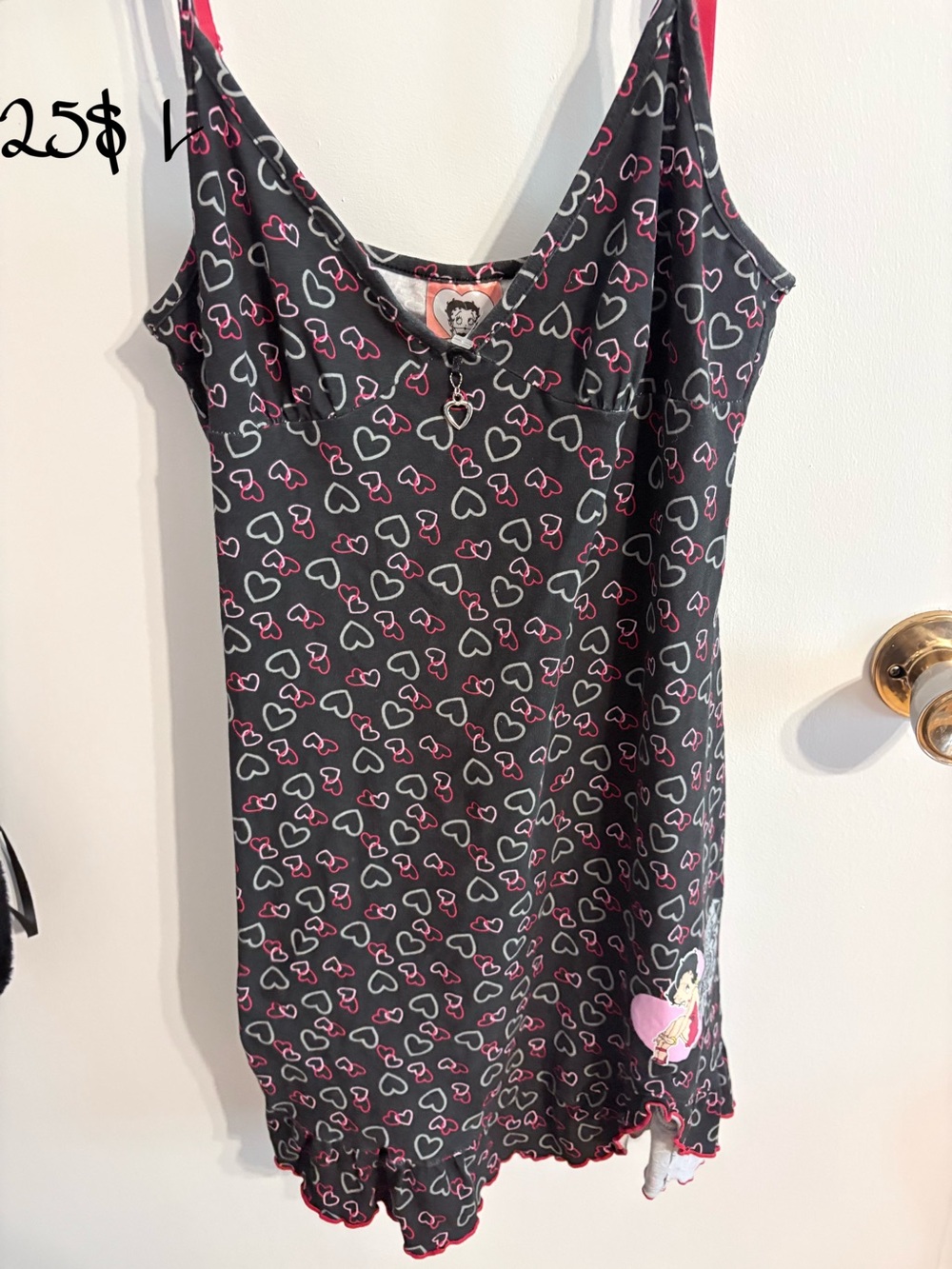 Black Heart-Print Slip Dress with Pink Accents